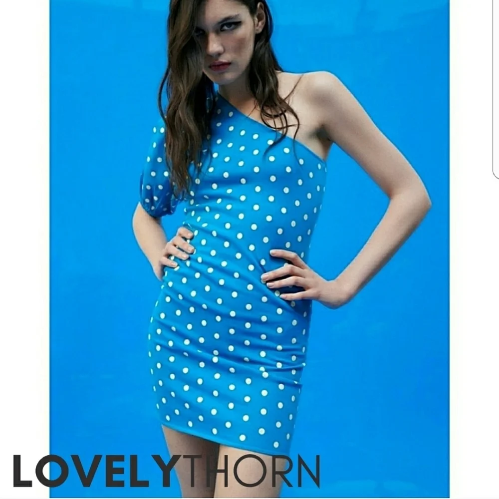 ZARA // turquoise polka dot one puff shoulder soft & stretchy knit mini dress - Picture 3 of 16